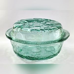 1980s Libbey Glass Company Orchard Fruit 3 qt Green glass Casserole Dish